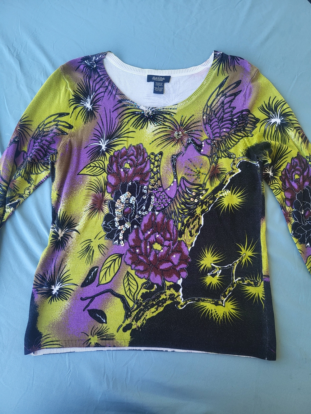 Peck & Peck Yellow, Purple and Black Floral Scoop Neck Sweater